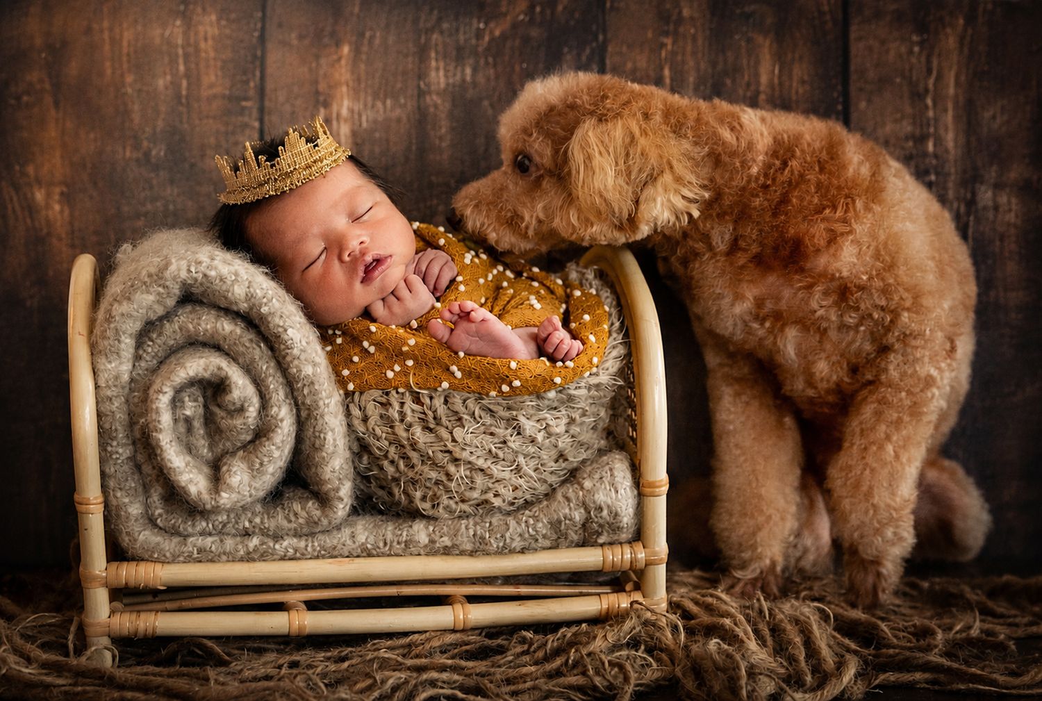 Newborn baby wearing a gold crown sleeps in a tiny bed while an adorable fluffy dog looks on curiously.