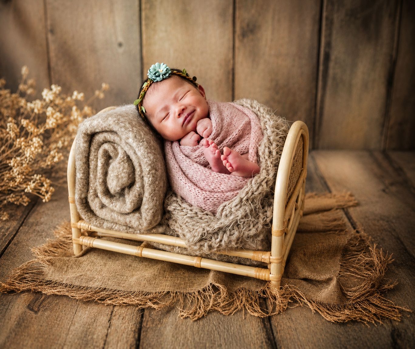 Newborn baby girl sleeping peacefully in a tiny wooden bed, wrapped in pink, wearing a floral headband.