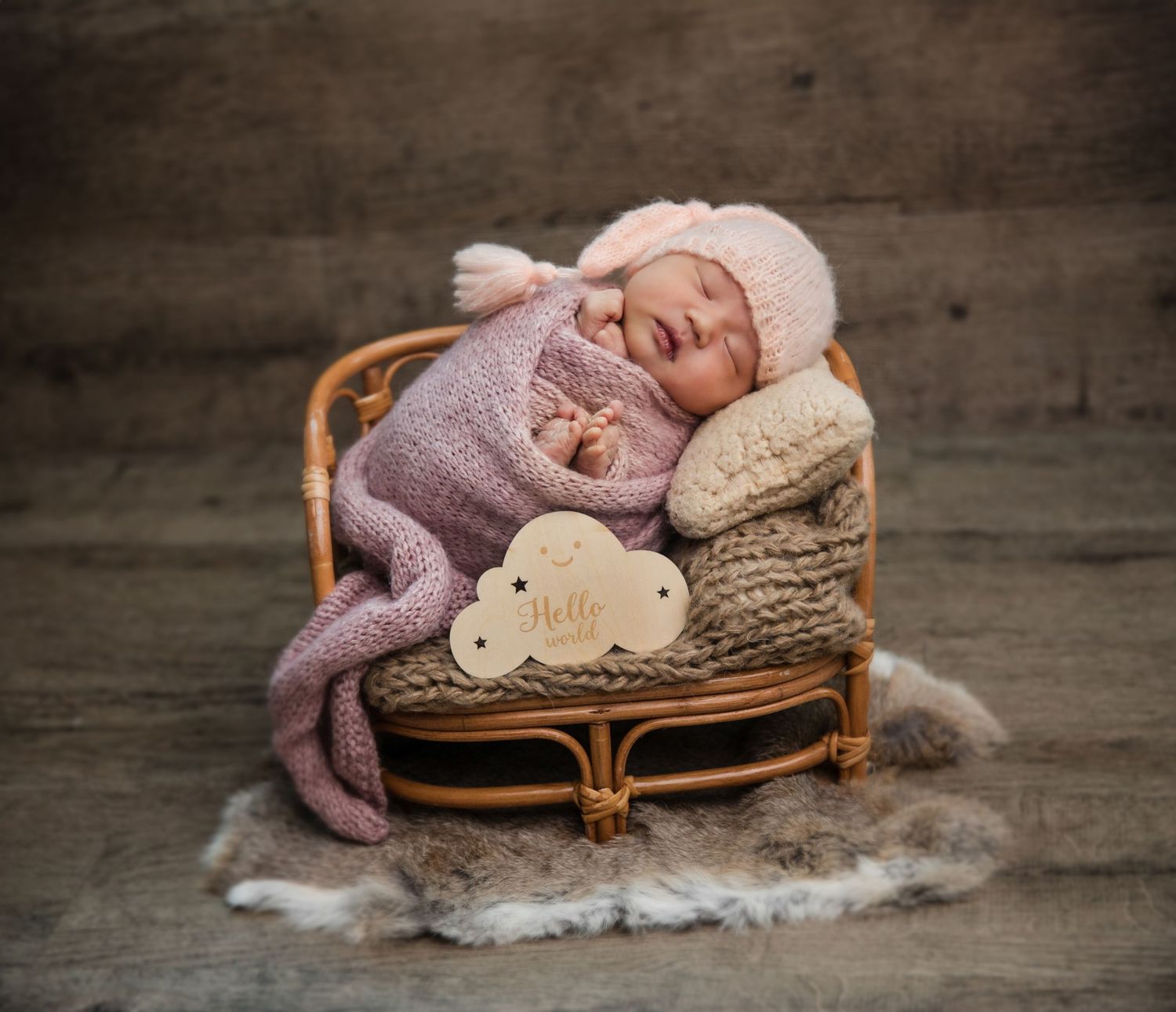 Newborn baby sleeping peacefully in a tiny rattan chair, wrapped in a pink knit blanket and wearing a matching pink hat.