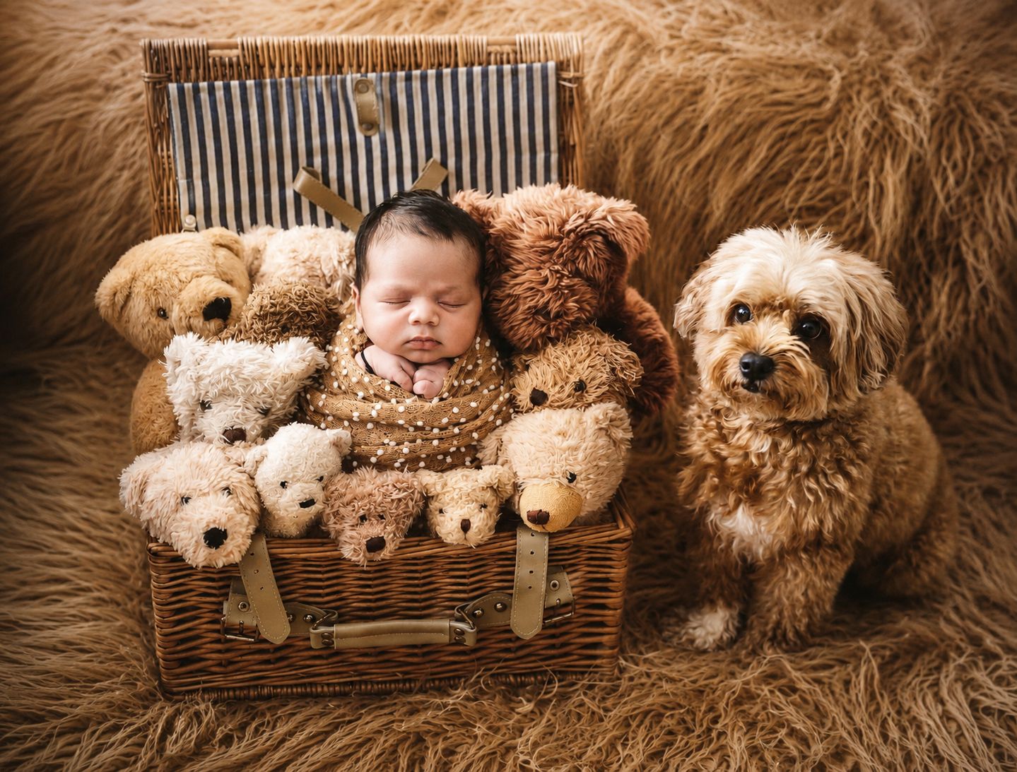 Sleeping newborn baby in knit outfit nestled in wicker basket with teddy bears and a fluffy goldendoodle dog.
