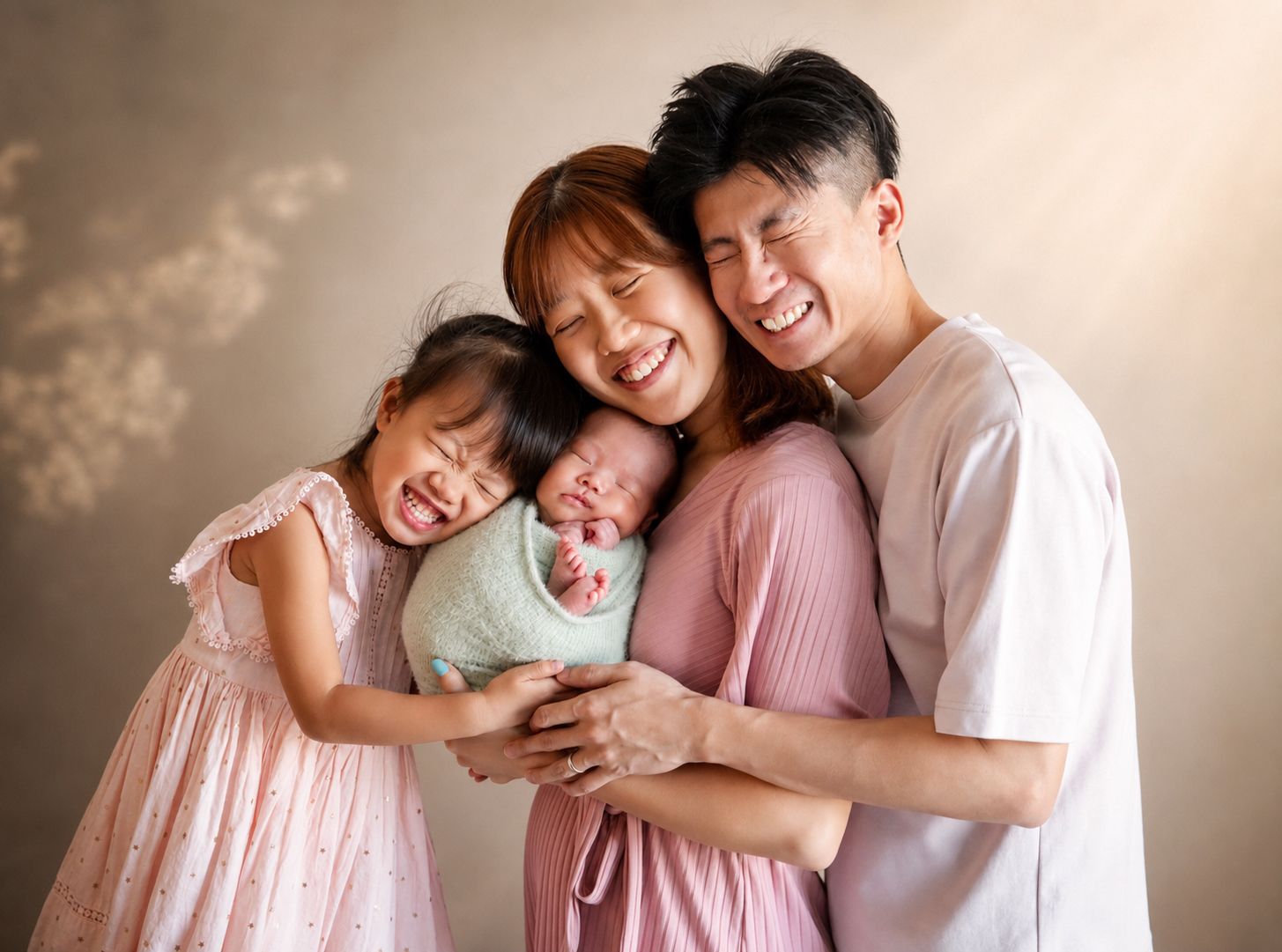 Happy Asian family of four smiling together, parents holding newborn baby and young daughter in pink dress.