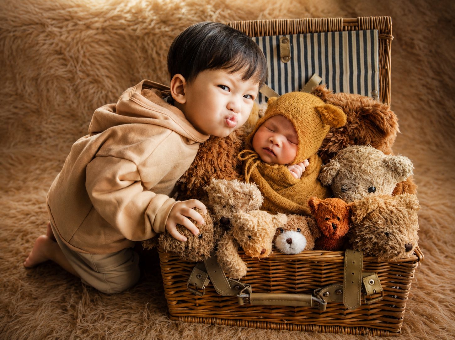 Toddler boy poses with newborn baby dressed in bear outfit inside wicker basket surrounded by teddy bears.
