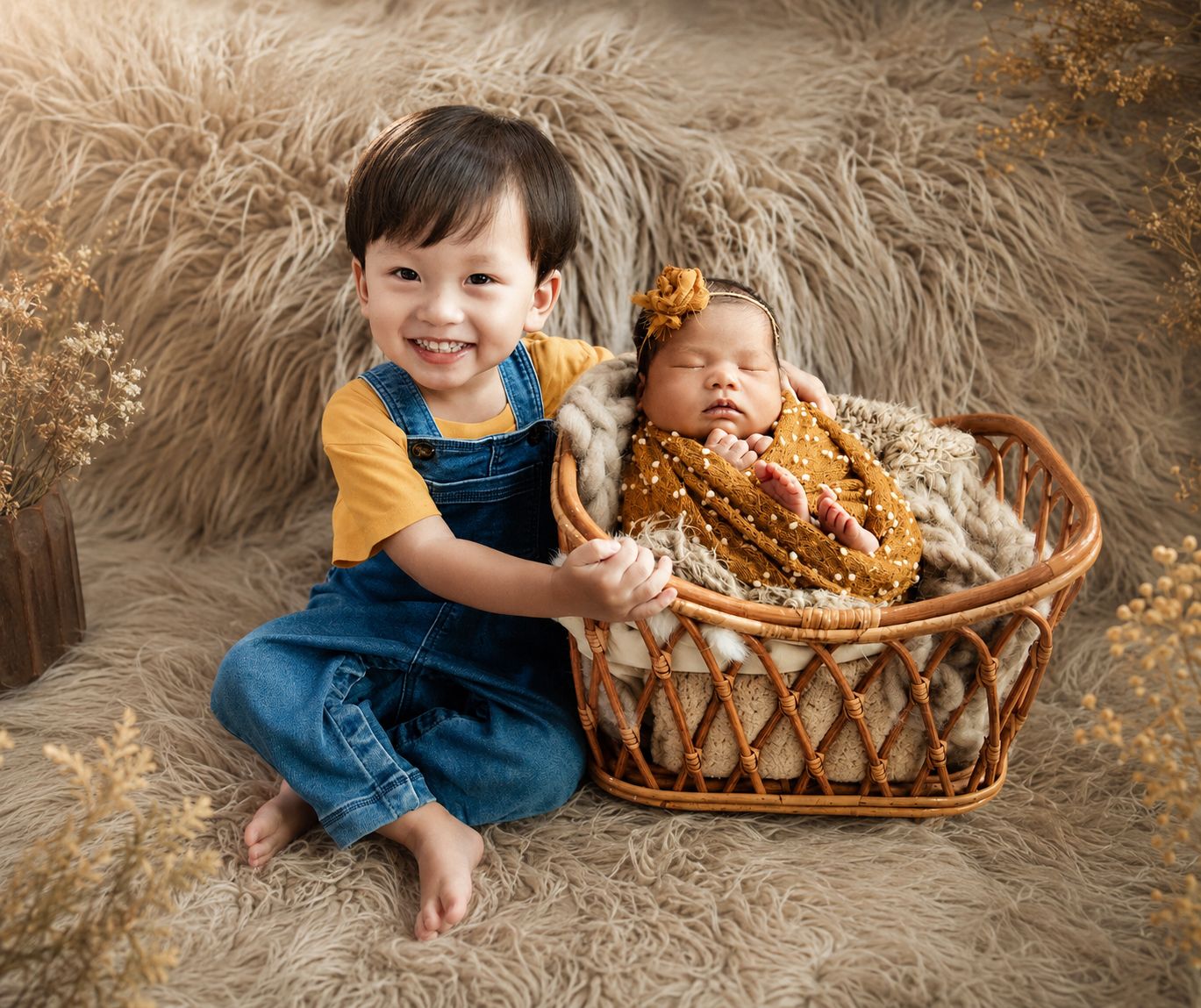Smiling toddler boy in denim overalls sits beside a wicker basket holding a sleeping newborn wrapped in a floral blanket.