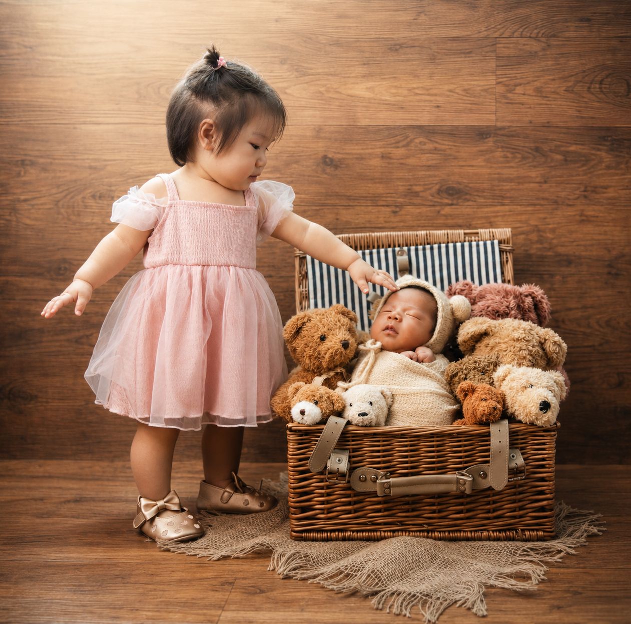Toddler girl in pink dress touching sleeping newborn baby in wicker basket surrounded by teddy bears on wood floor.