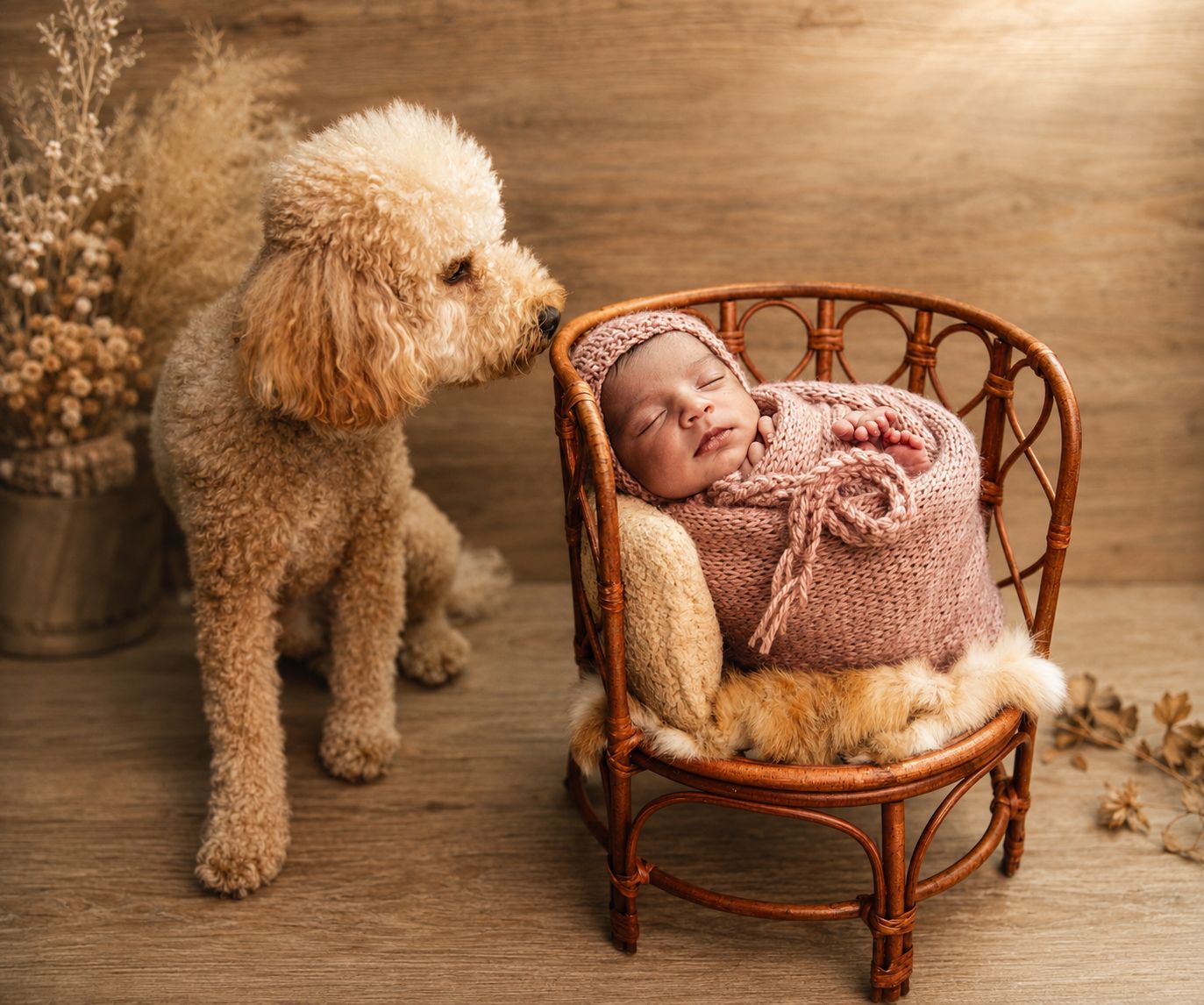A fluffy golden poodle sniffs a sleeping newborn baby wrapped in pink knit, nestled in a tiny rattan chair.