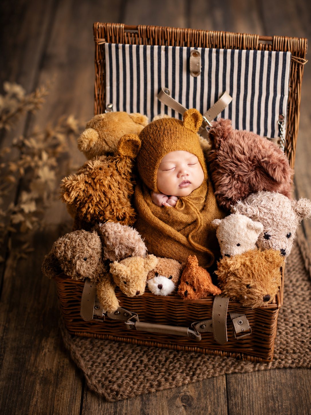Sleeping newborn baby wrapped in mustard knit swaddle and bear bonnet nestled among teddy bears in a wicker suitcase.