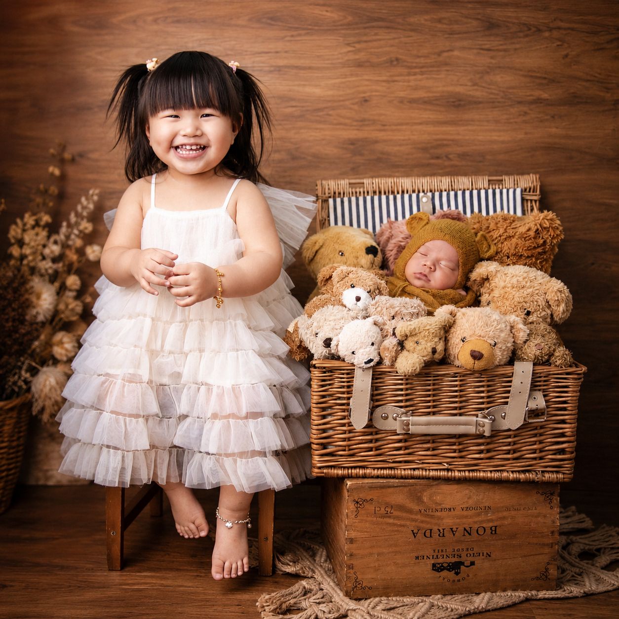 A smiling toddler girl in a white dress stands beside a wicker basket holding a sleeping newborn and teddy bears.