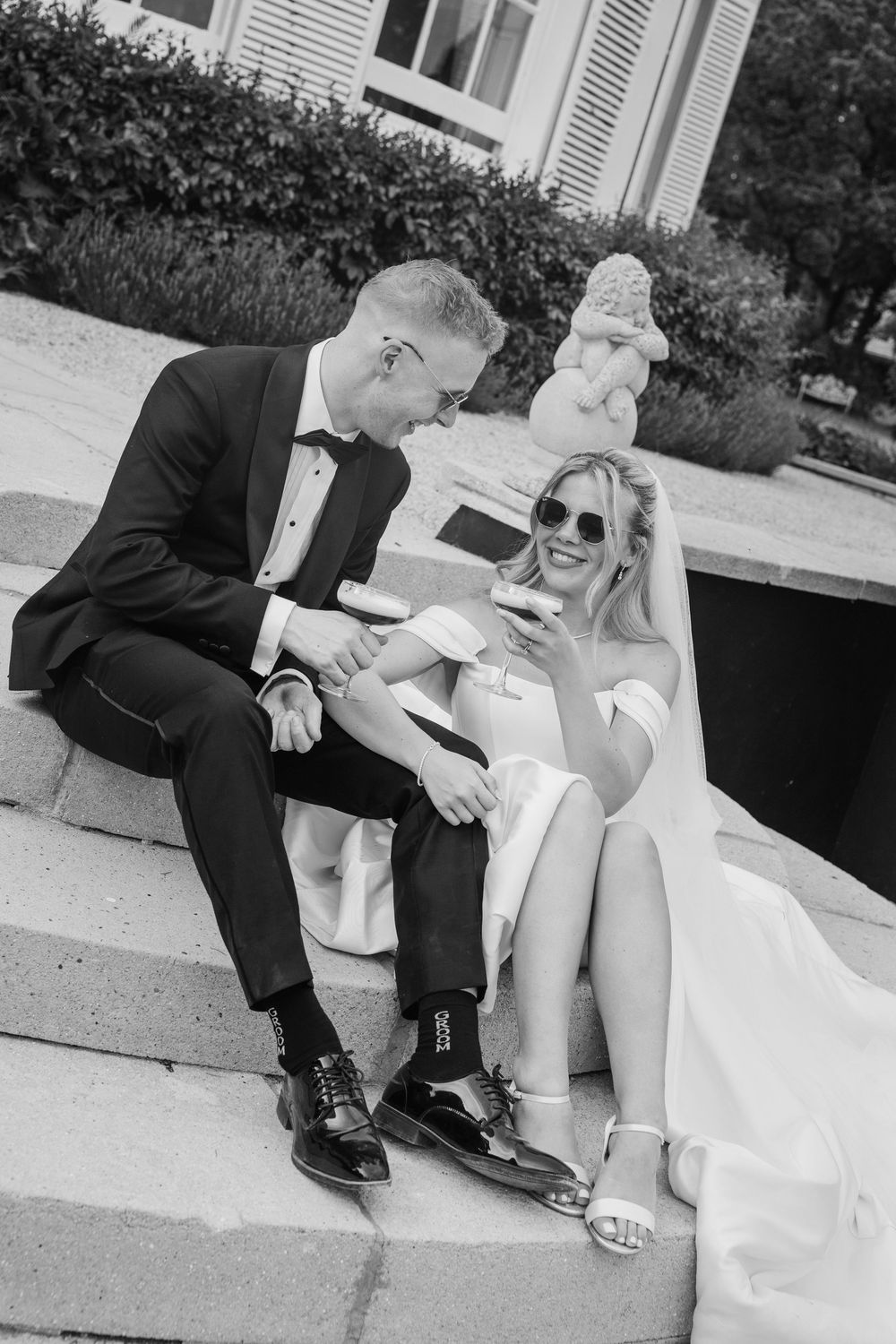 Bride and Groom enjoying espresso martini at Devon Wedding