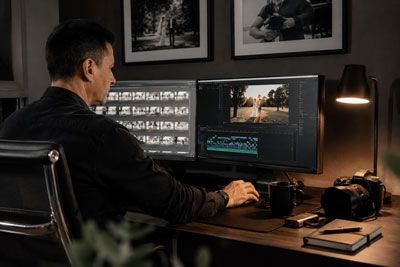 A video editor works on wedding footage using professional editing software on dual monitors in a dark studio.