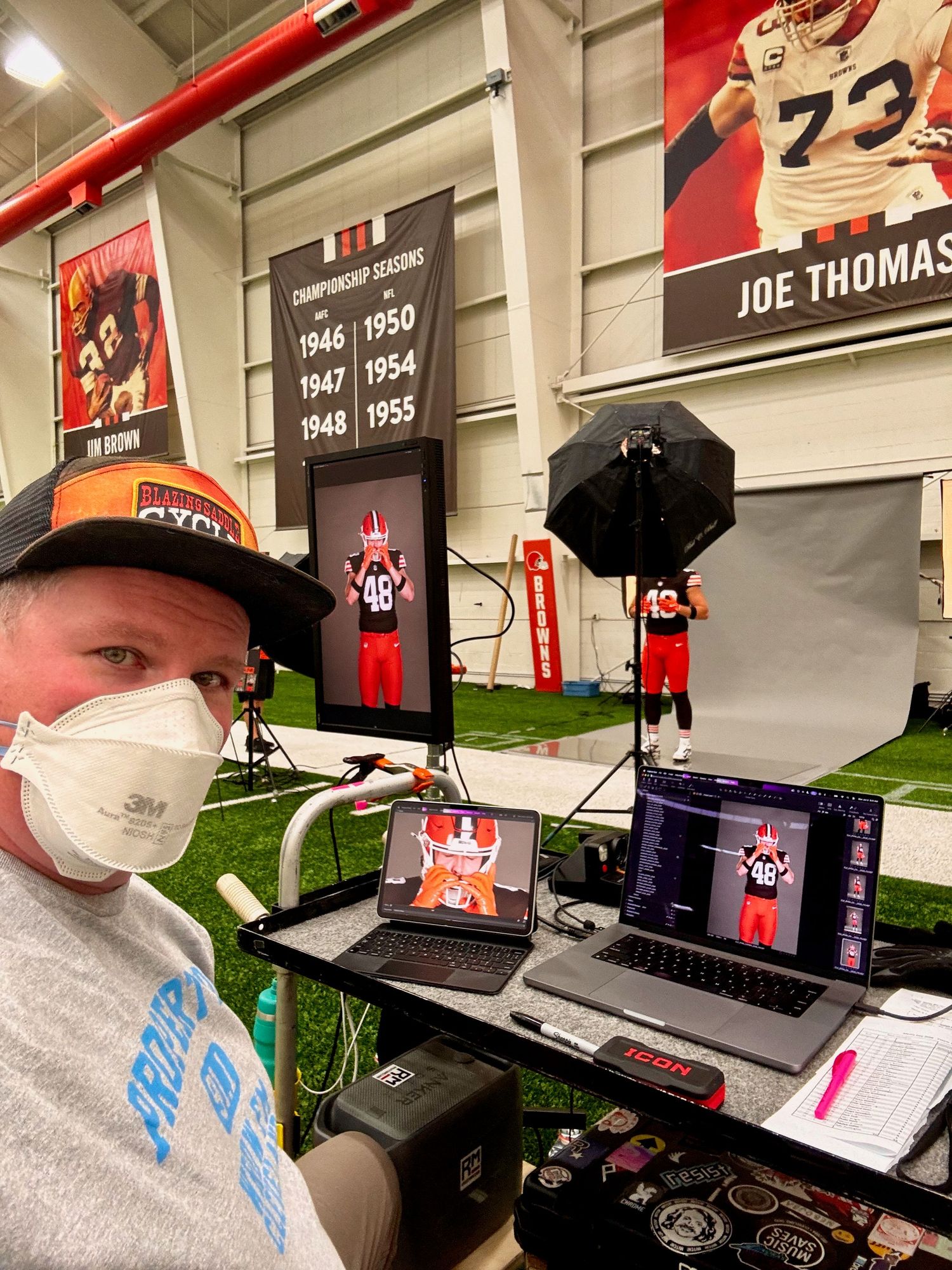 BTS at Cleveland Browns NFL practice facility for media day, digital technician with Profoto, Magliner, Inovativ, Capture One, Nikon