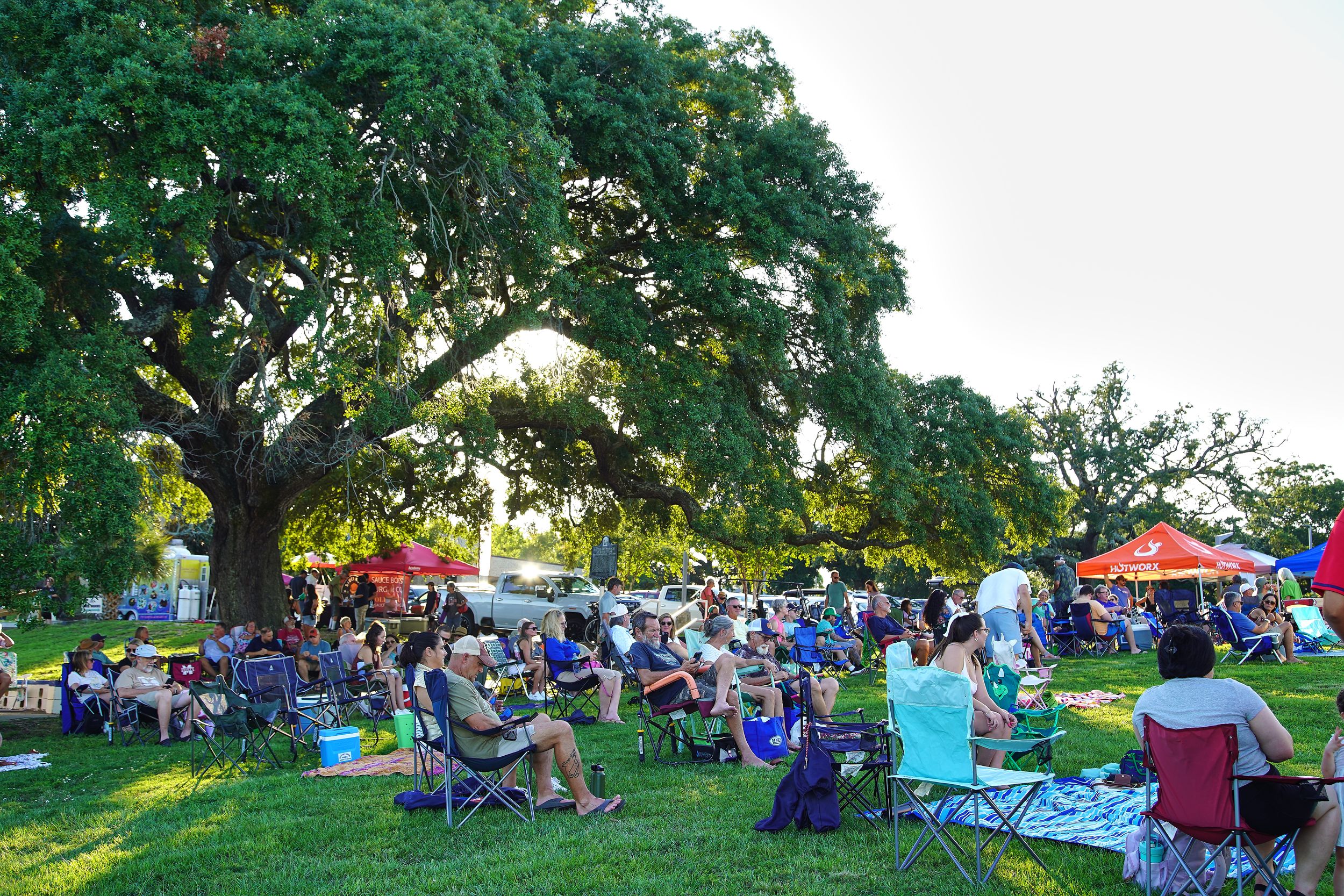 Crowd of people relaxing on green grass under large oak trees at an outdoor community event on a sunny day.