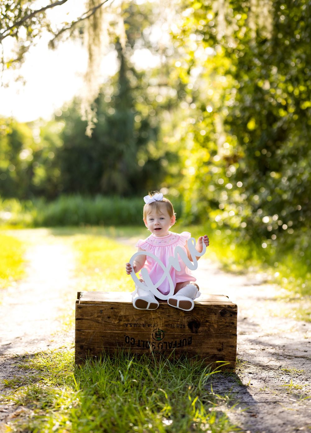 A smiling baby girl in a pink dress sits on a rustic wooden crate outdoors surrounded by lush green trees.