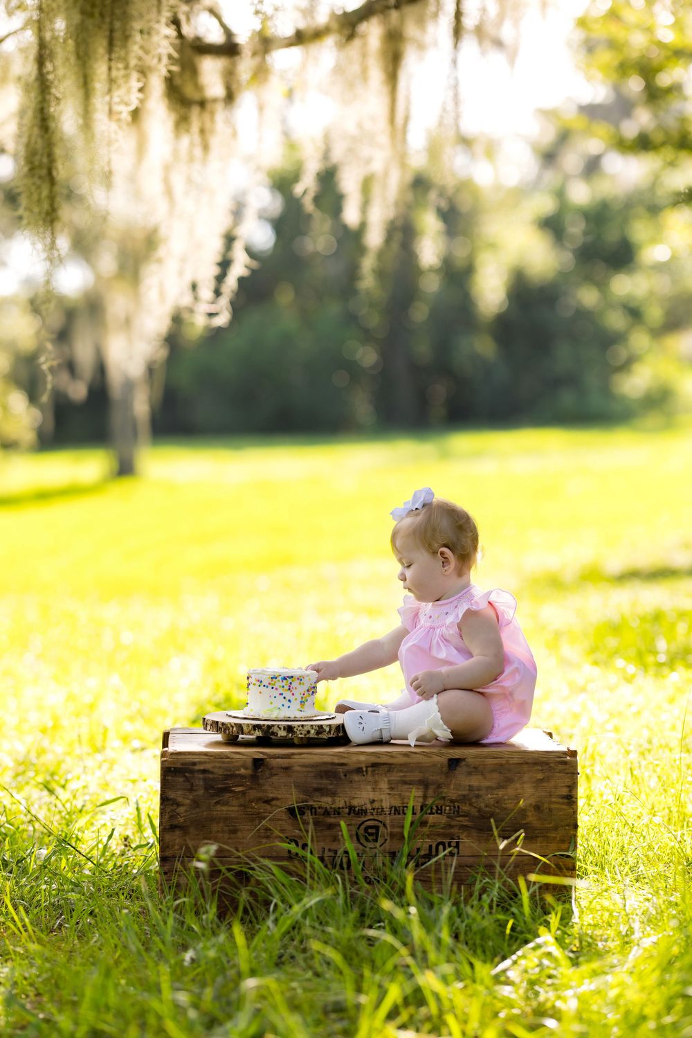 Baby girl in pink romper sits on wooden crate in sunny park, touching small cake during first birthday smash session.