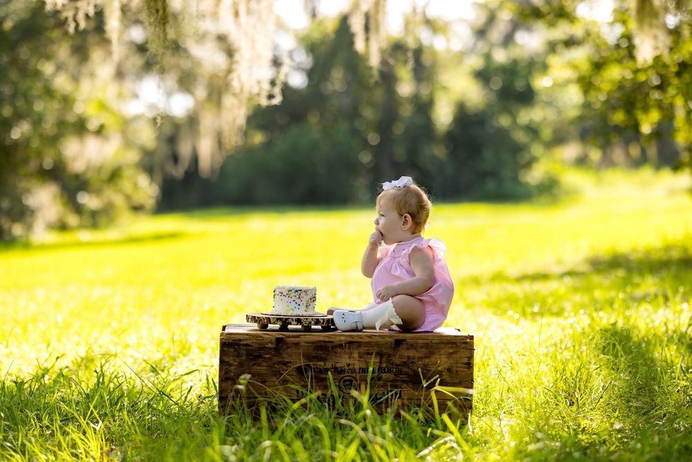 Baby girl in pink outfit sits on wooden crate with smash cake in sunny green park for first birthday photo.