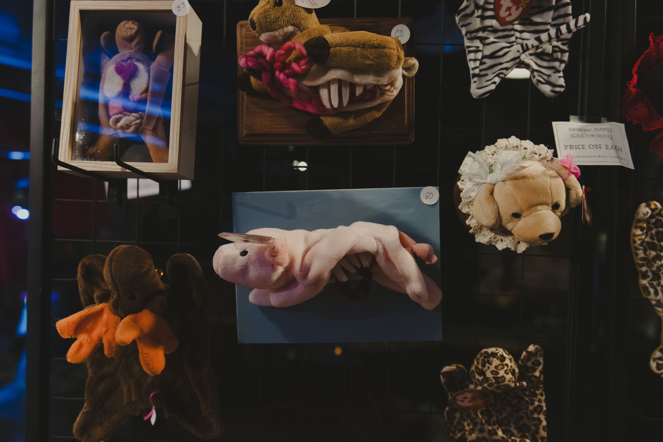 Colorful stuffed animals and plush toys displayed on a dark wall alongside framed photos at a market.