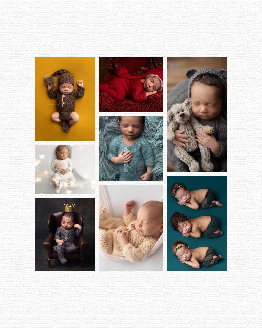 A collage of nine newborn baby photos featuring infants in knit outfits, posed with stuffed animals, and wrapped in soft blankets.