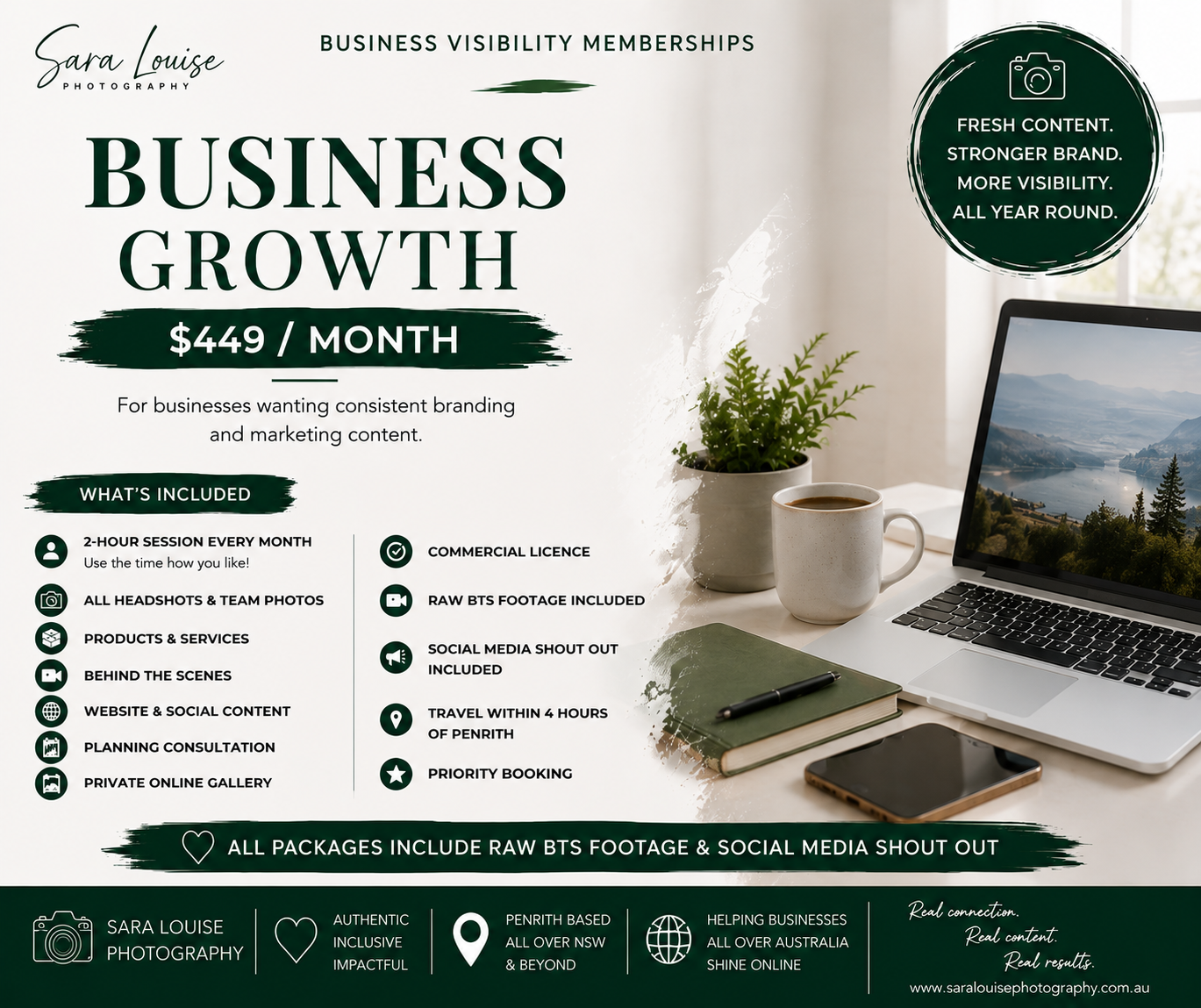 Business Growth membership plan at $449/month offering branding and marketing content services by Sara Louise Photography.