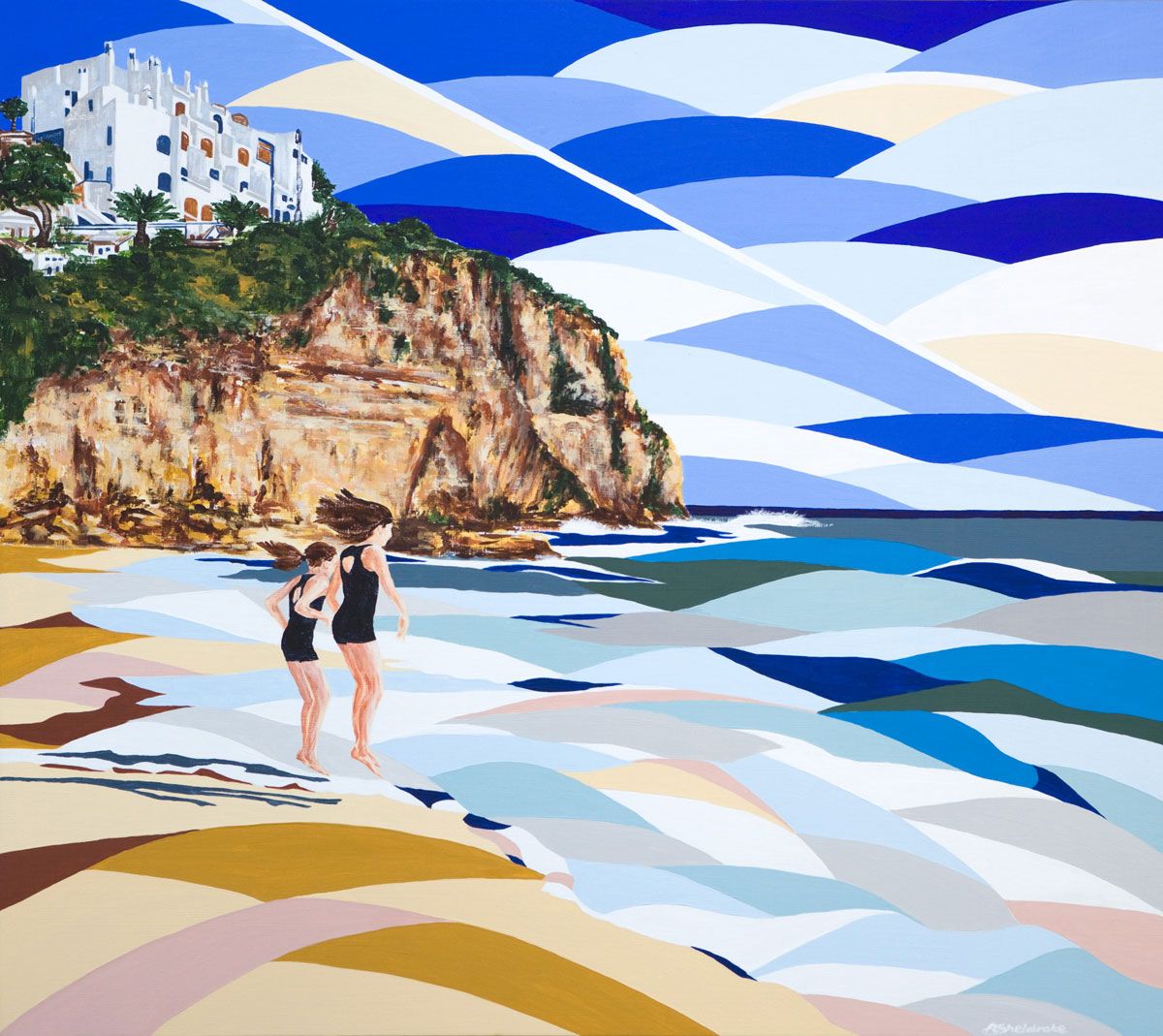 Stylized painting of a red and white lighthouse on rocky shore with bold blue and white wave patterns in the sky.