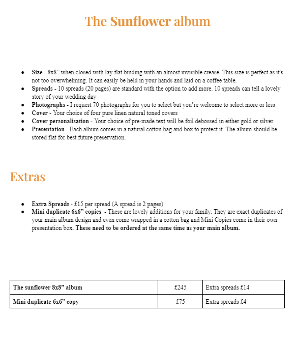Sunflower wedding album pricing guide showing sizes, spreads, covers, and extras including mini duplicate 6x8 copies.