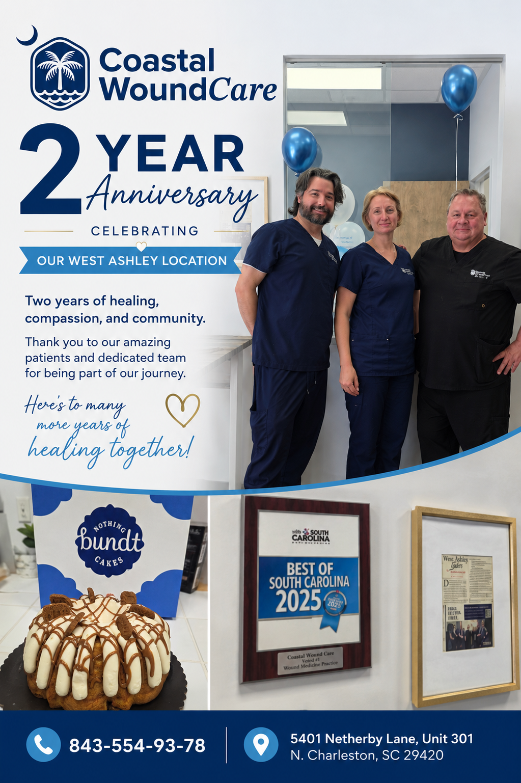 Coastal WoundCare celebrates 2-year anniversary of North Charleston location with smiling staff in scrubs, balloons, and contact details.