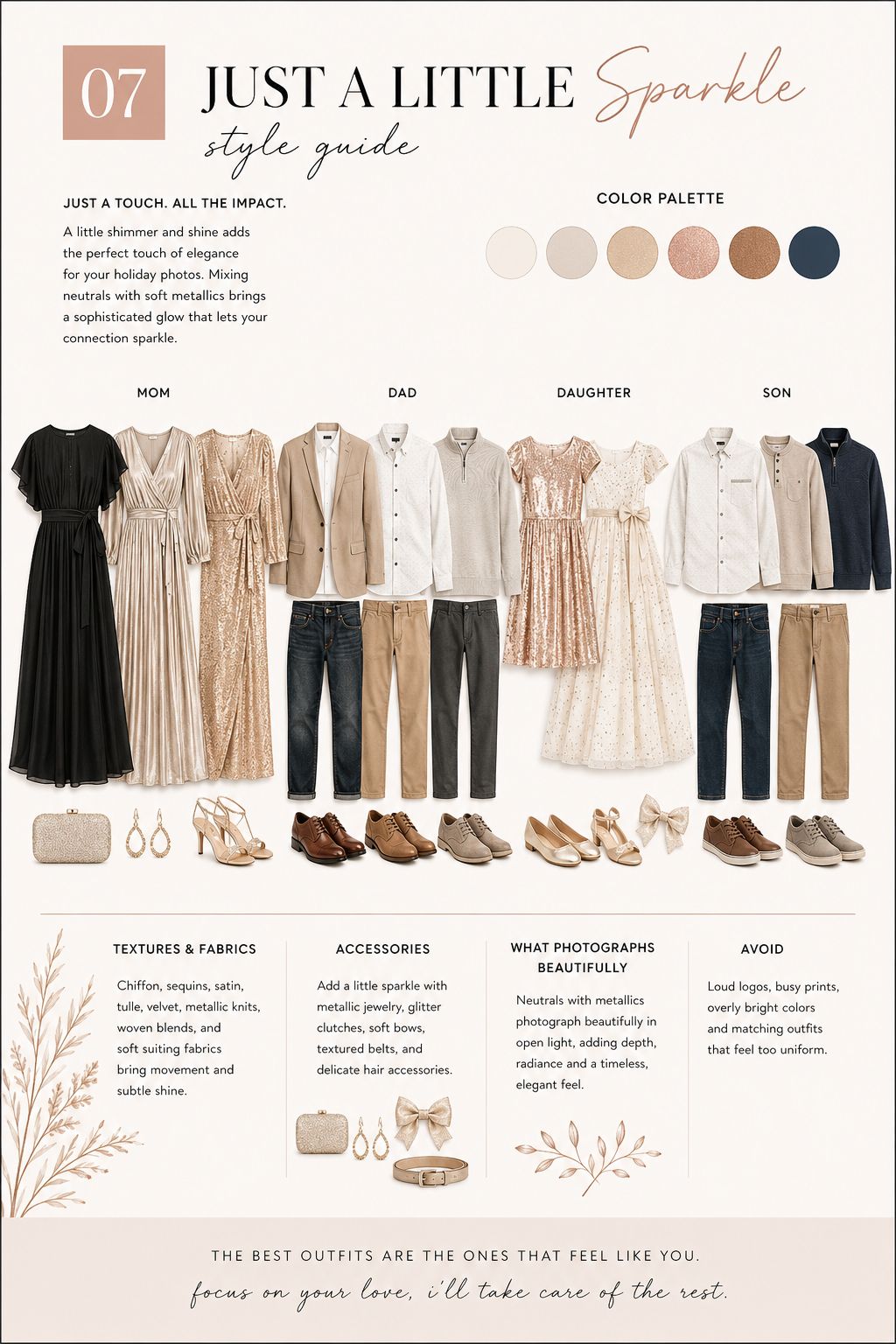 Family holiday style guide featuring sparkle outfits in gold, black, and neutral tones for mom, dad, daughter, and son.