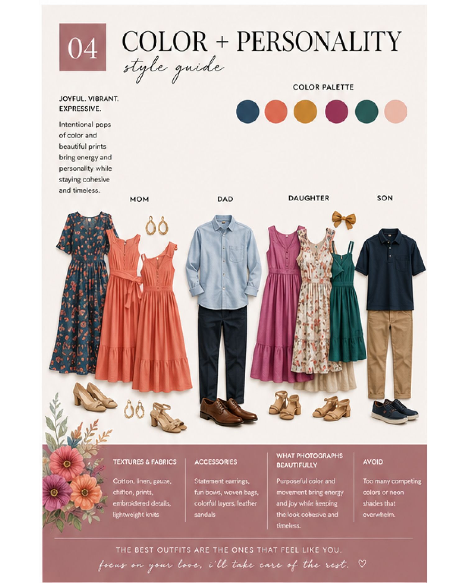 Color and personality style guide for family photos featuring coordinated outfits in teal, orange, and navy tones.
