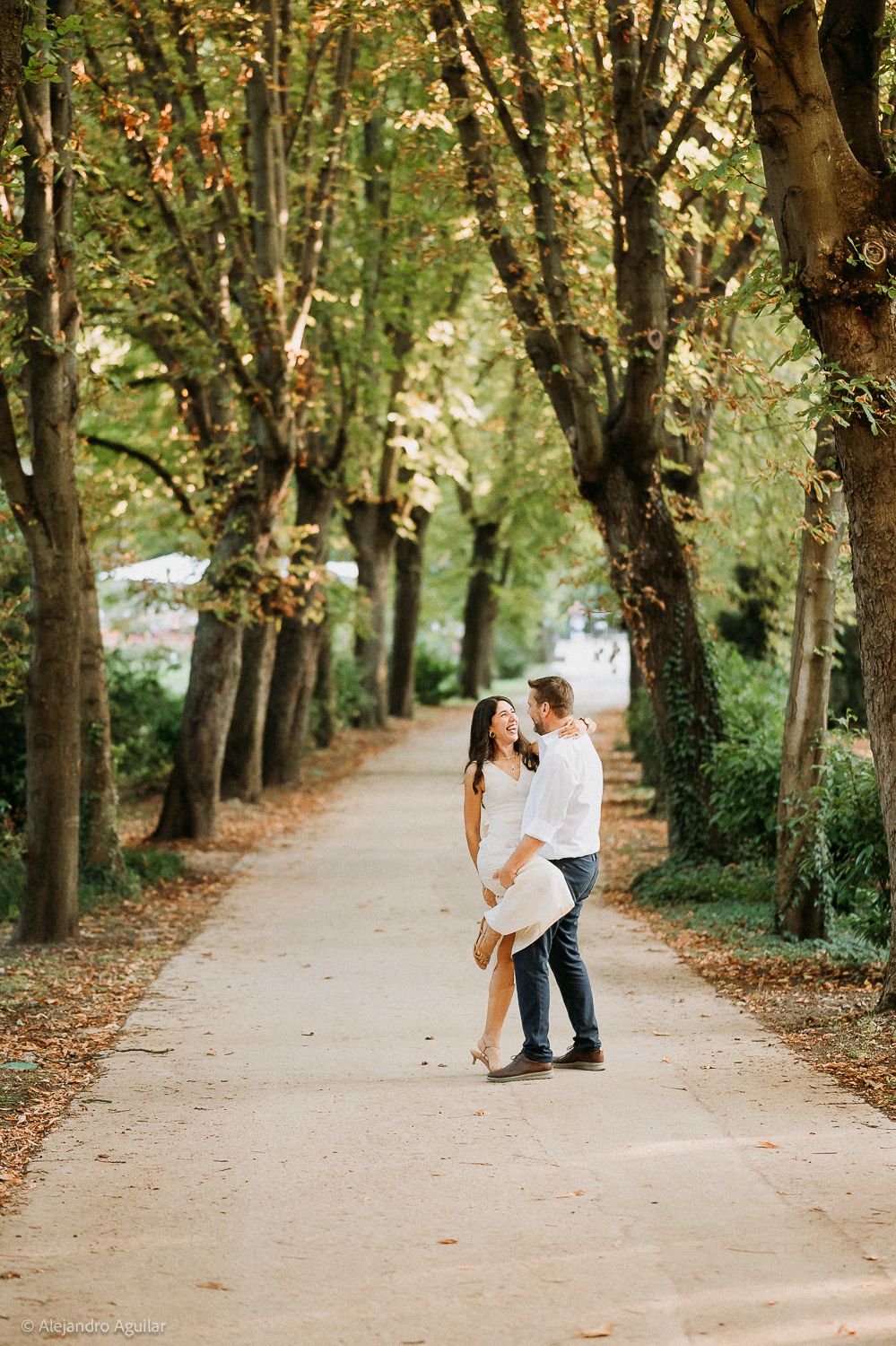 Couple embracing on a tree-lined path in autumn, surrounded by golden foliage in a romantic outdoor setting.