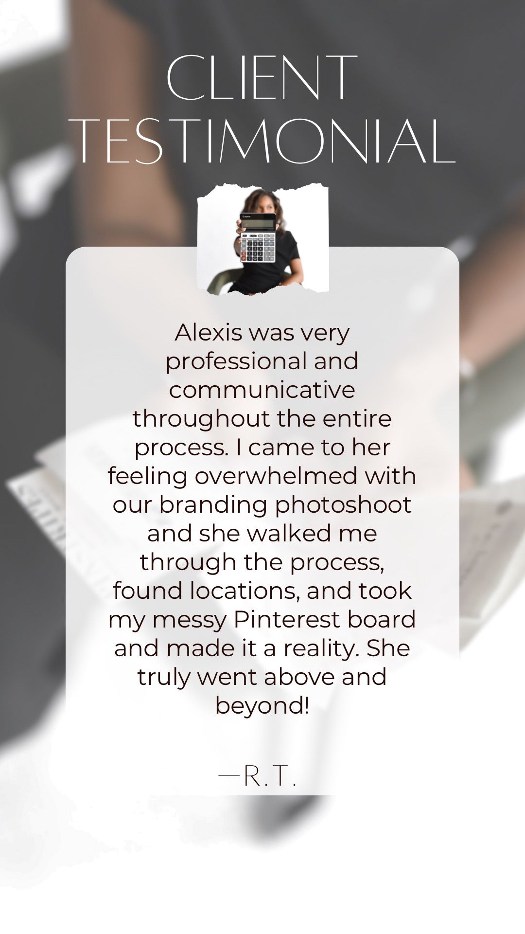 Alexis Gian Photography branding photoshoot client testimonial from R.T. highlighting professional and communicative service.