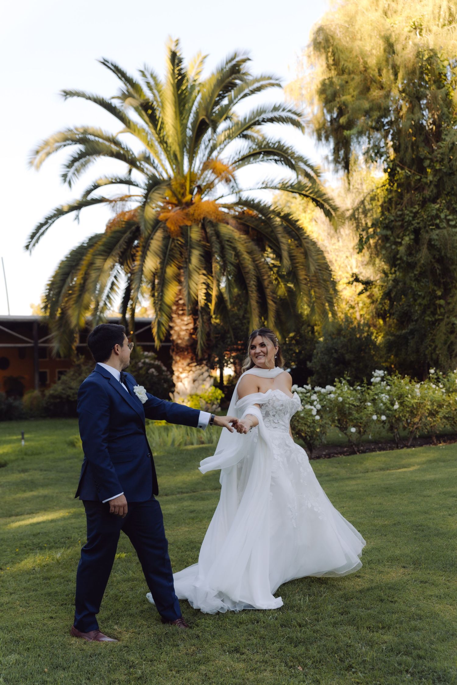 Bride and groom dance playfully on green lawn with a large palm tree glowing in golden sunset light.