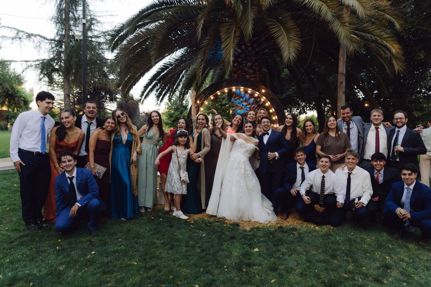 Large wedding party group photo outdoors under palm trees with decorative circular light backdrop.