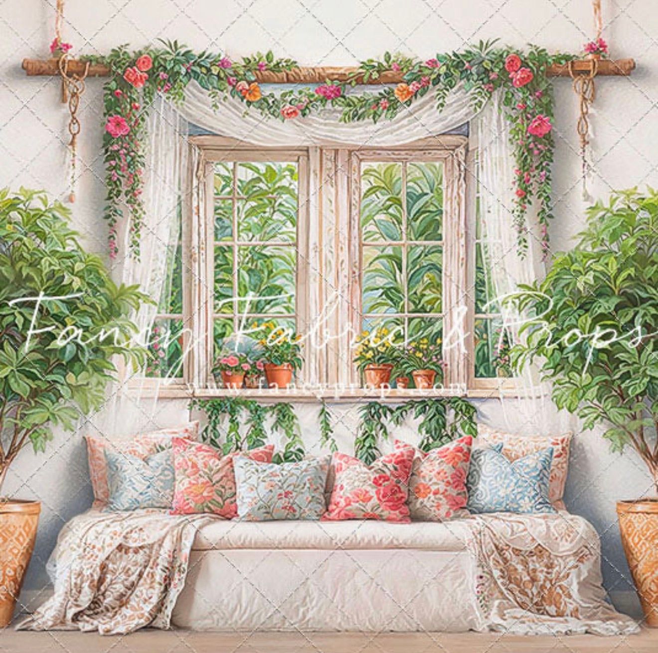 Bright indoor photo backdrop with a white daybed, colorful pillows, lush green plants, and a flower-draped window.