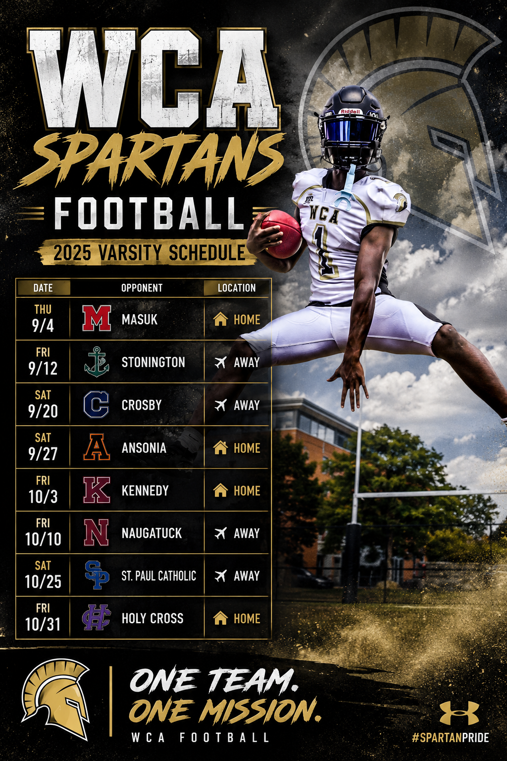 WCA Spartans Football 2025 Varsity Schedule poster featuring a player in uniform with game dates and opponents listed.