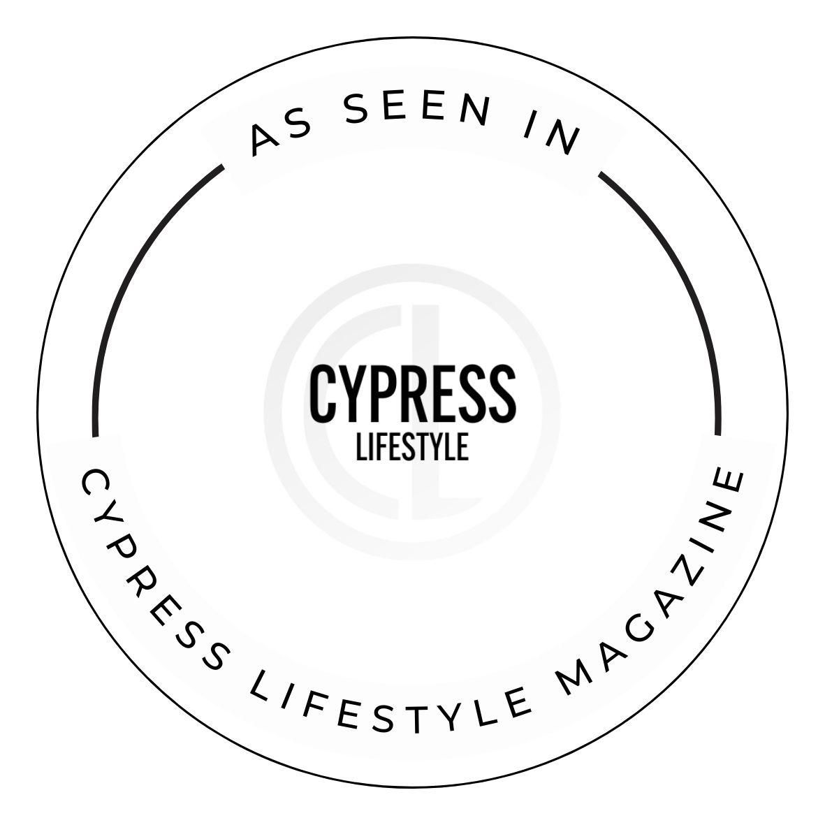 As Seen In Cypress Lifestyle Magazine circular badge in black and white design.
