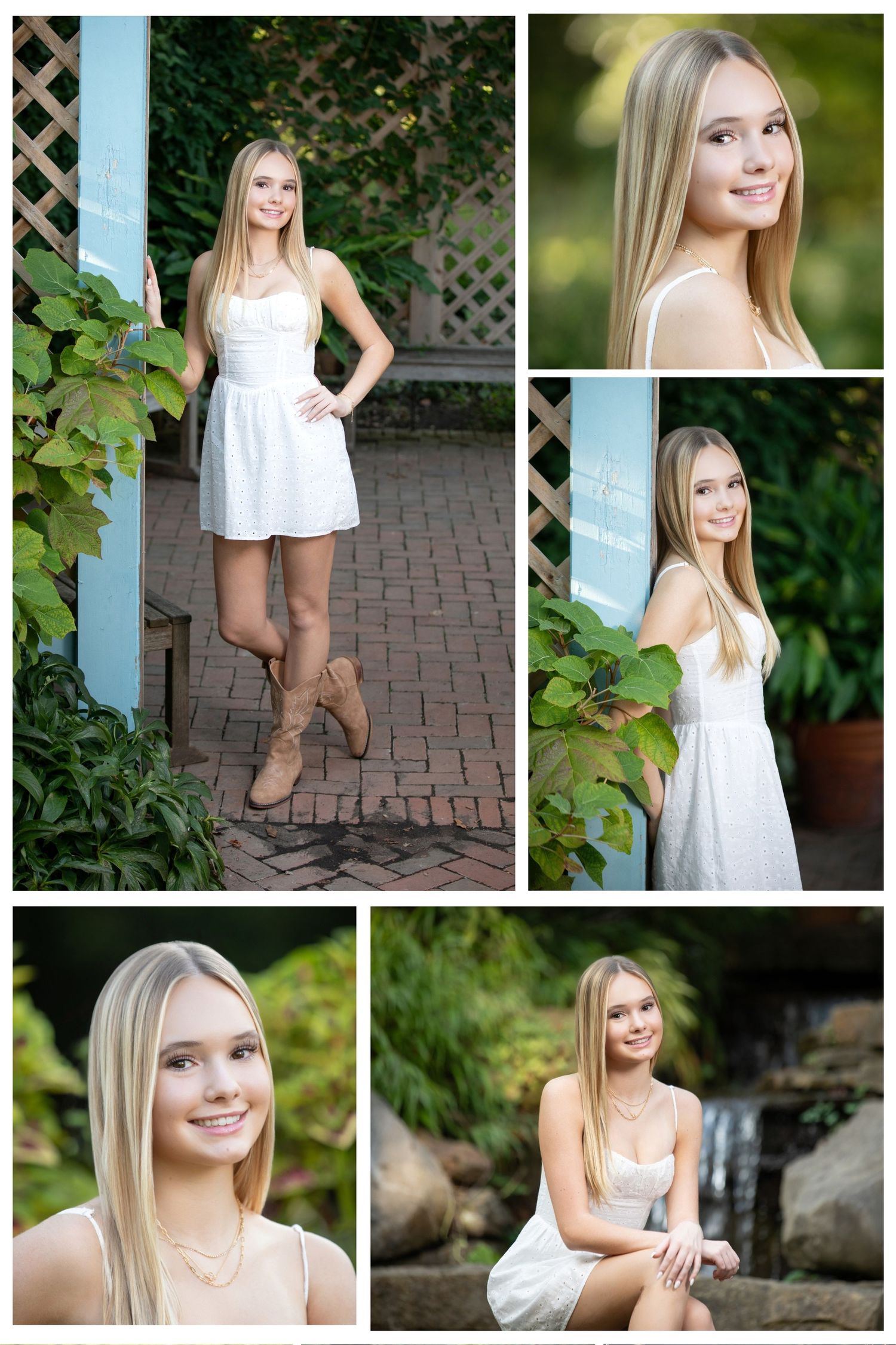 Olentangy Orange senior photos at Inniswoods featuring a white dress, garden greenery, waterfall, and beautiful natural backdrops.
