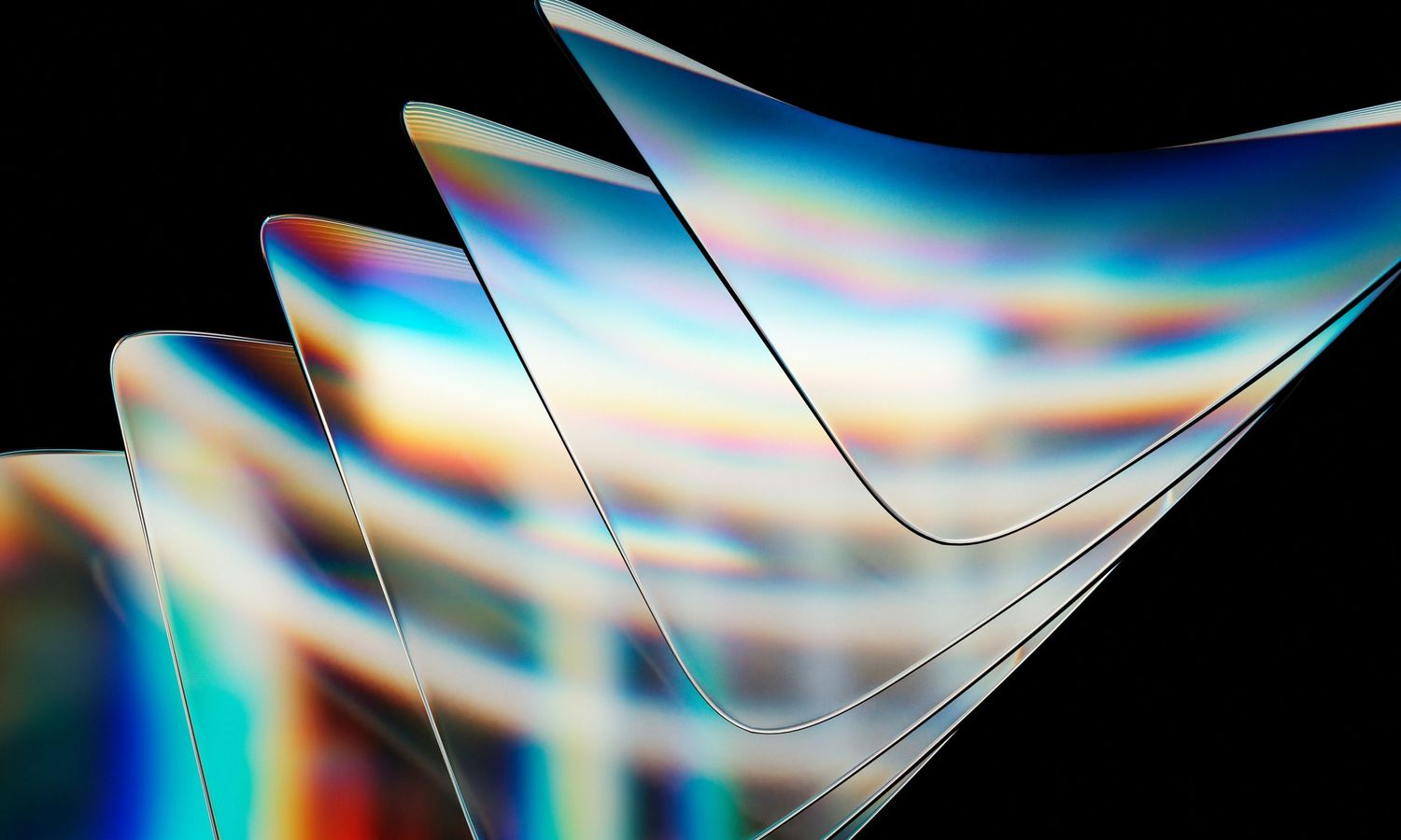Abstract iridescent glass panels reflecting rainbow light waves on a dark black background.