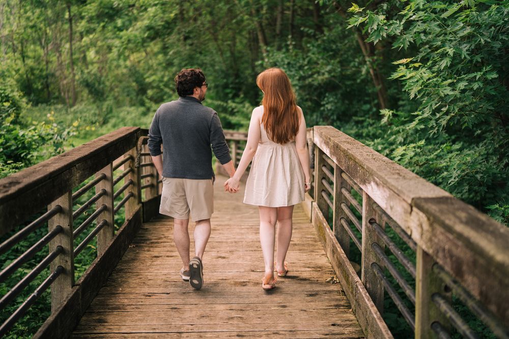 Engagement portrait session in the forest at Runyon Preserve in Lockport, Illinois.