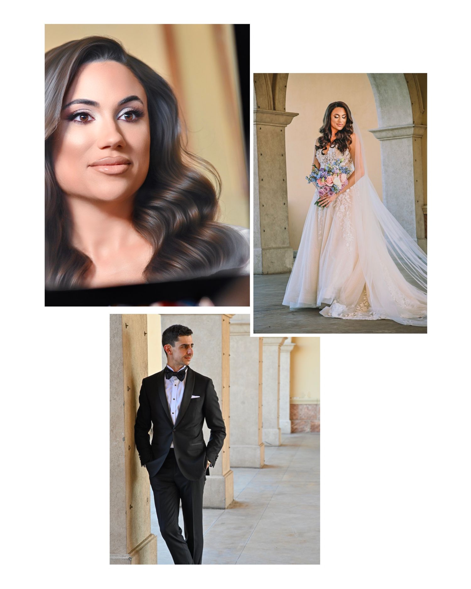 Elegant wedding collage featuring a glamorous bride with wavy hair, a floral ball gown, and a groom in a black tuxedo.