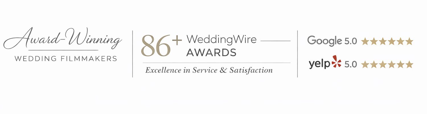 Award-winning wedding filmmakers banner featuring 86+ WeddingWire Awards, Google 5.0, and Yelp 5.0 star ratings.