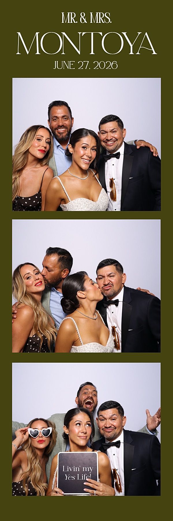 Two women pose in a wedding photo booth strip for The Montoyas on 06.27.26, holding fun signs.