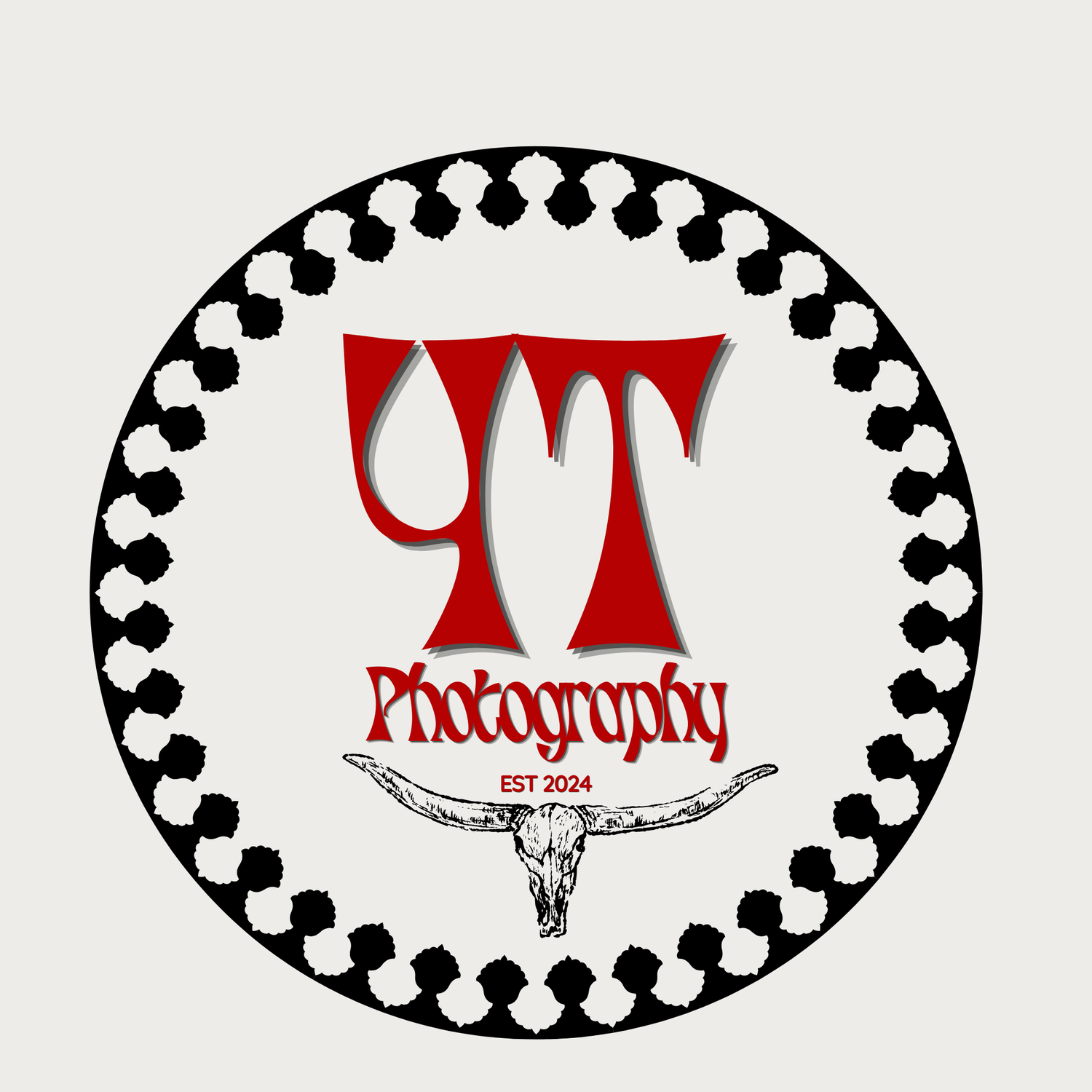YT Photography logo featuring red letters, a longhorn skull, and a decorative circular border.