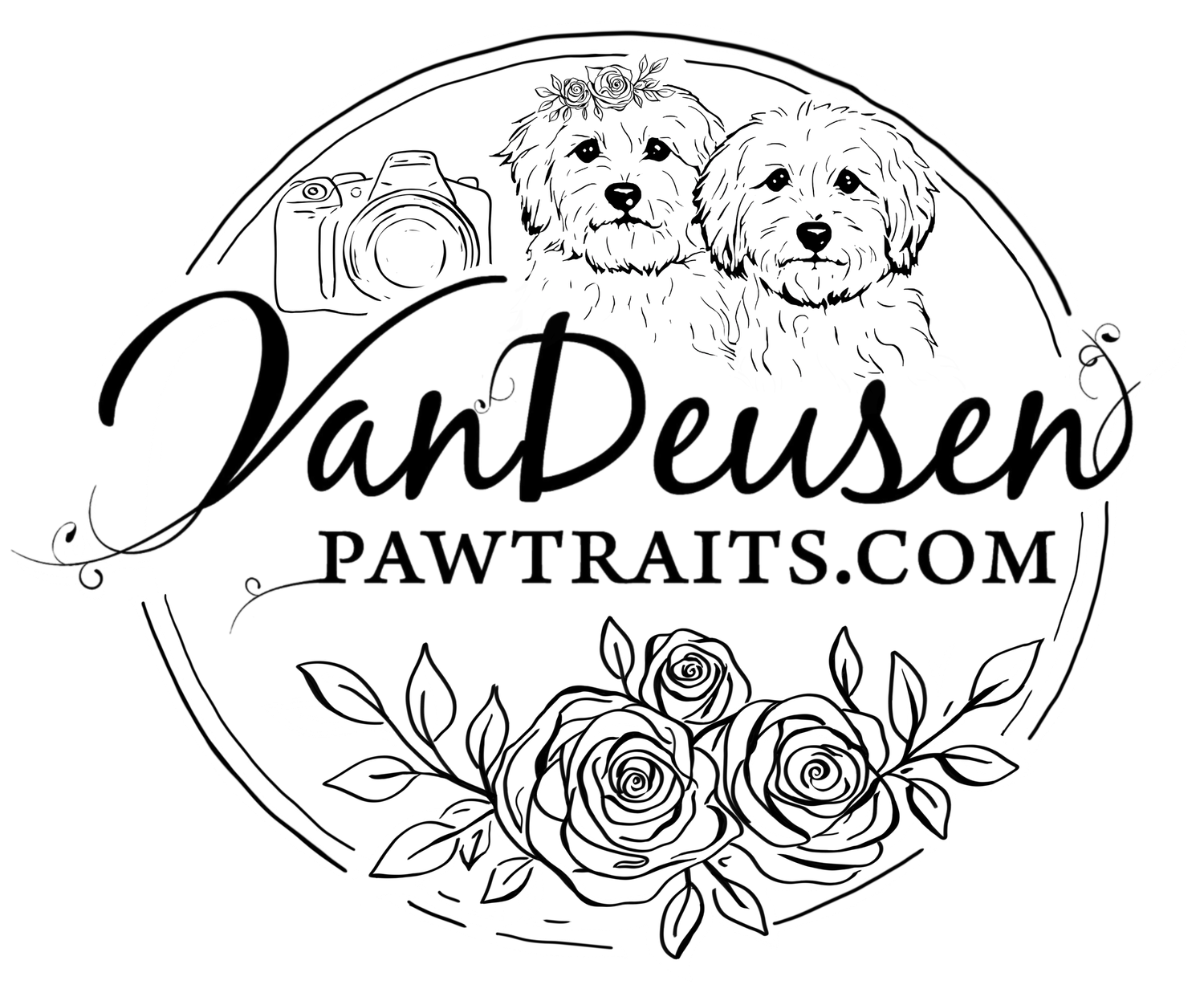 Black and white logo for VanDeusen Pawtraits featuring two fluffy dogs, a camera, and roses in a circular design.