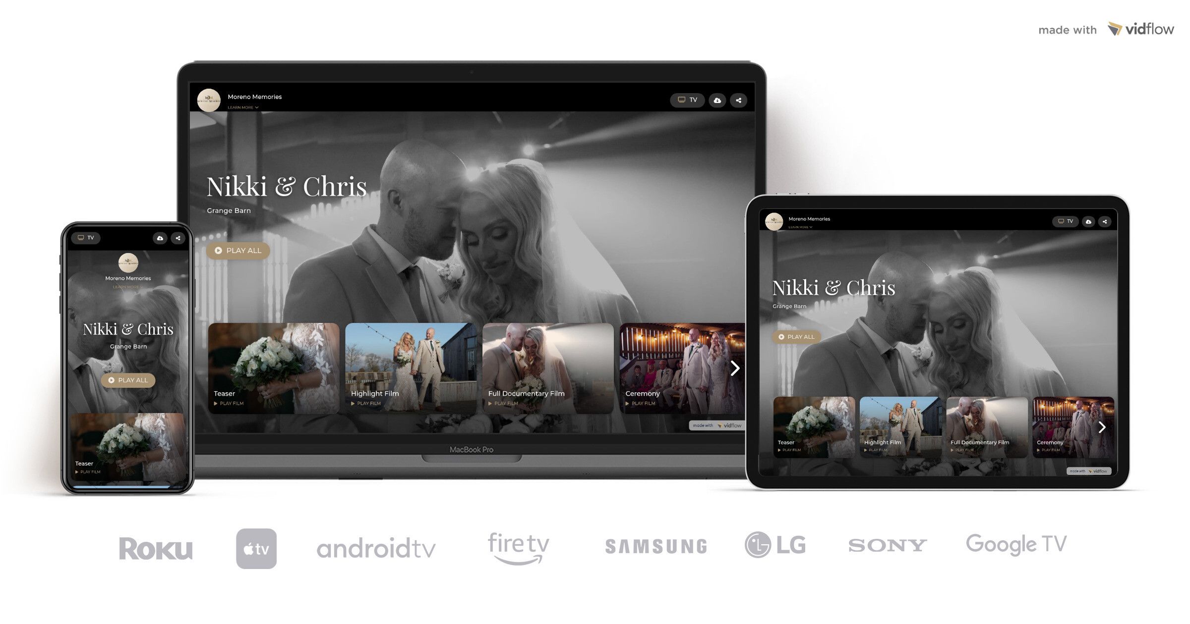 Moreno Memories private wedding film streaming gallery displayed on TV, tablet and phone