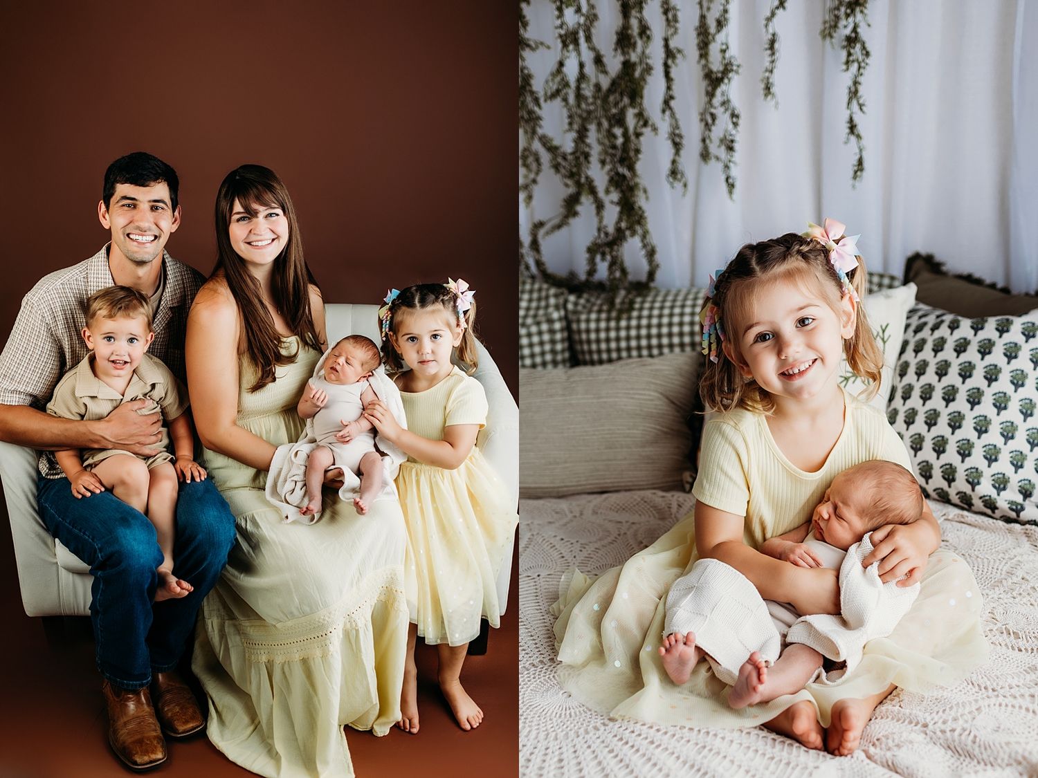 Family portrait with parents and three children, including a newborn, in a warm studio setting with soft lighting.