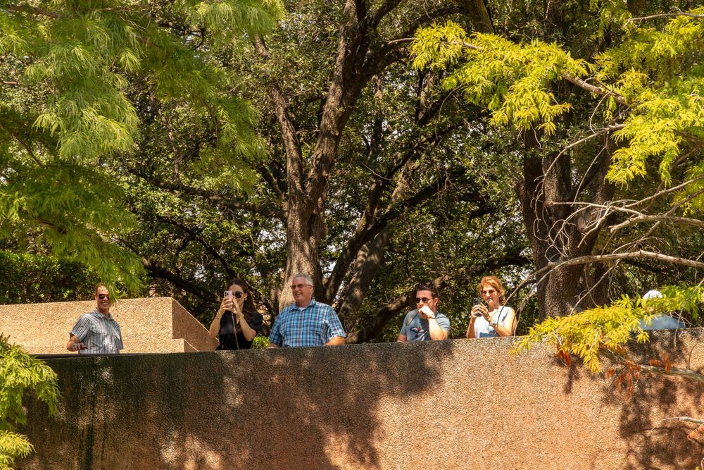 Group of people standing behind a stone wall surrounded by lush green trees on a sunny day.