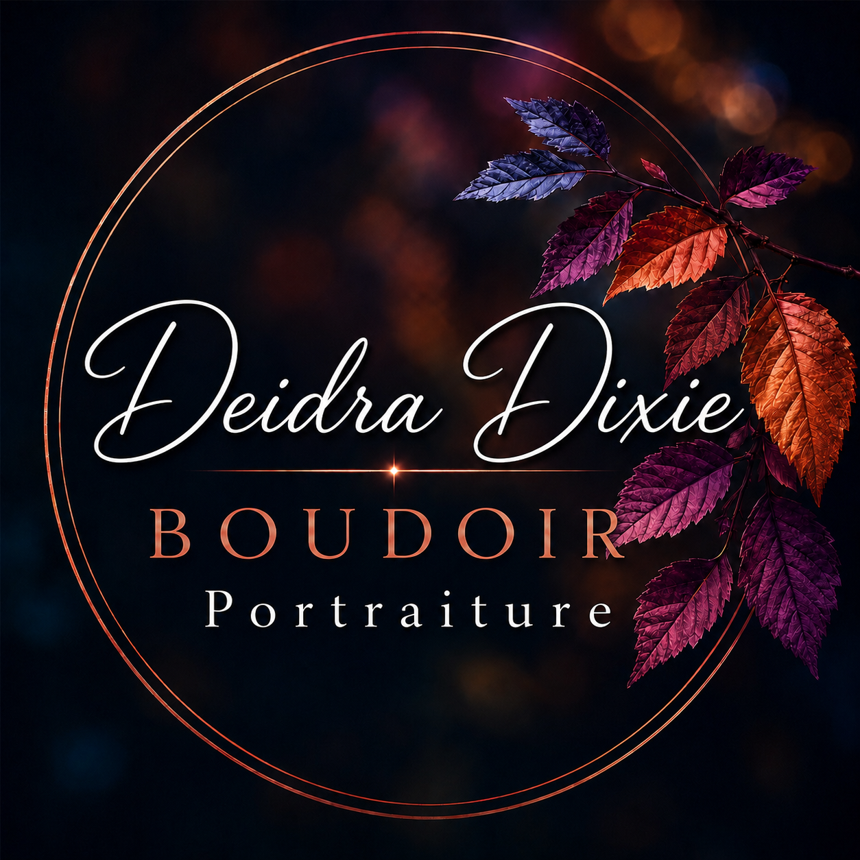 Dixie Designs Boudoir Portraiture badge logo with vibrant fall foliage.