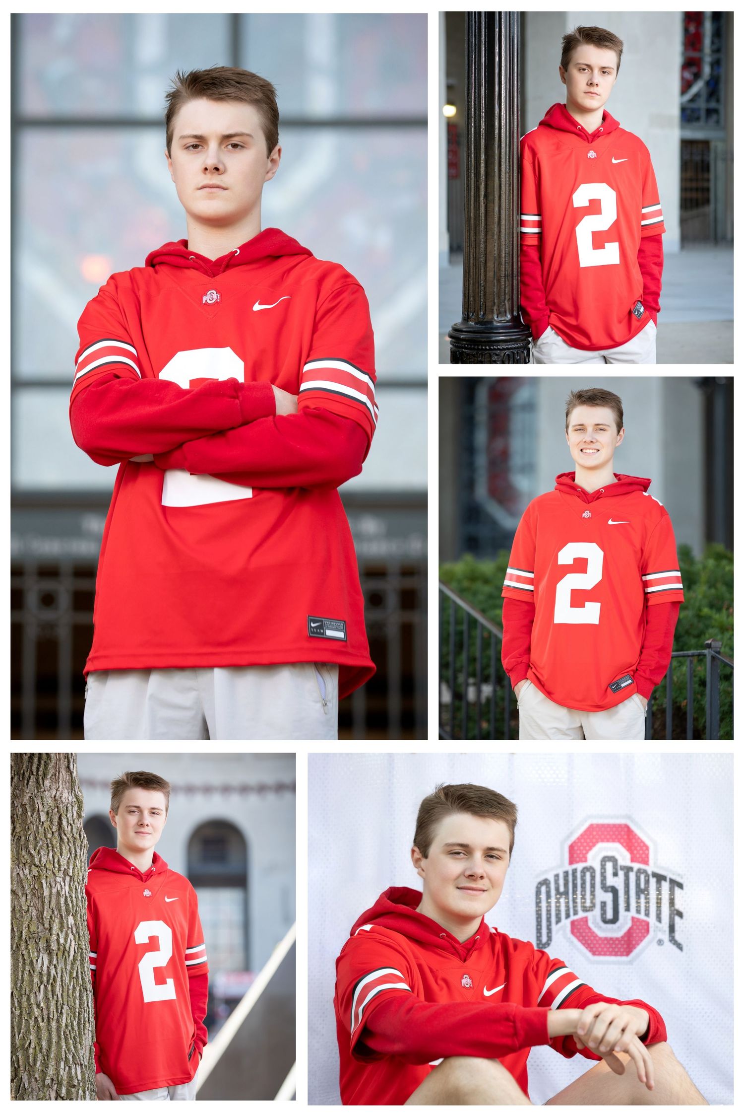 Grove City senior pictures at Ohio Stadium featuring Buckeyes jersey, iconic Ohio State University campus senior portraits.