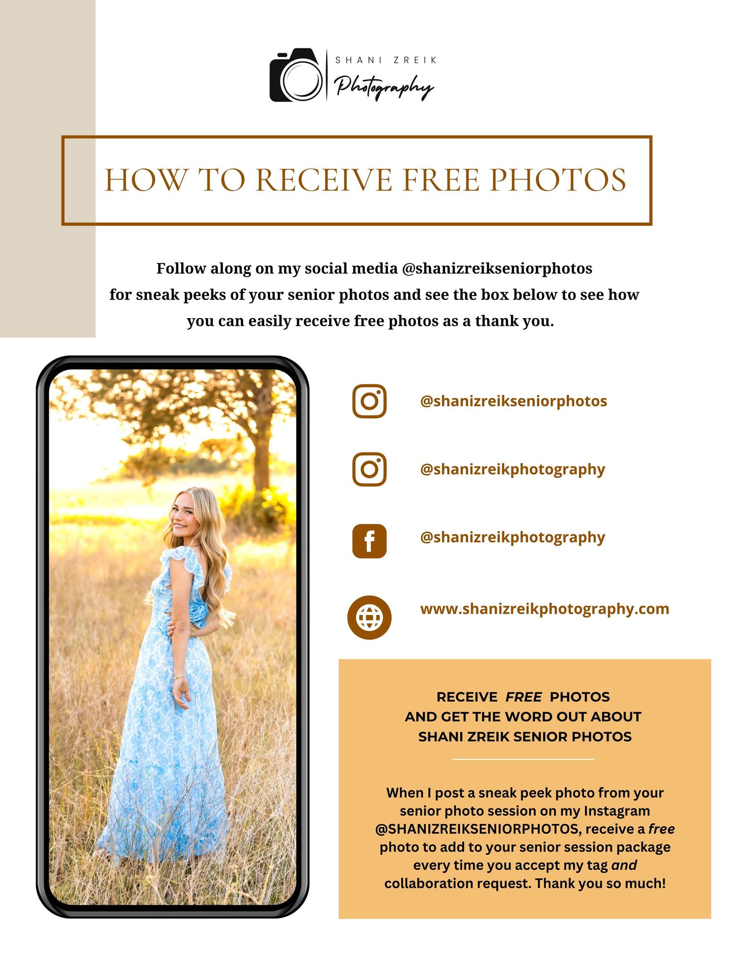 Promotional flyer explaining how to receive free senior photos by following Shani Zreik Photography on social media.