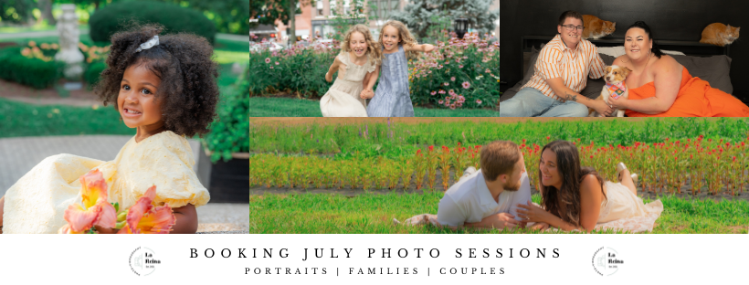 A promotional banner for July mini sessions featuring portraits of families, couples, and children posing outdoors in lush garden settings.
