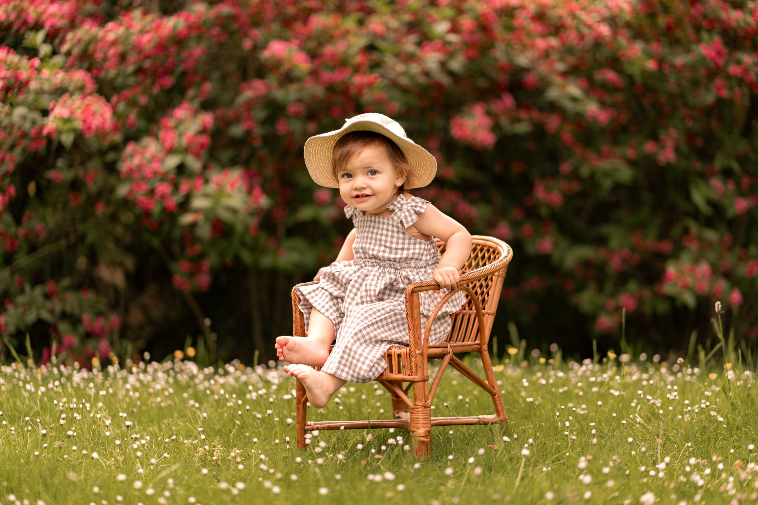 A cute toddler in a checkered dress and straw hat sits on a wicker chair in a blooming garden.