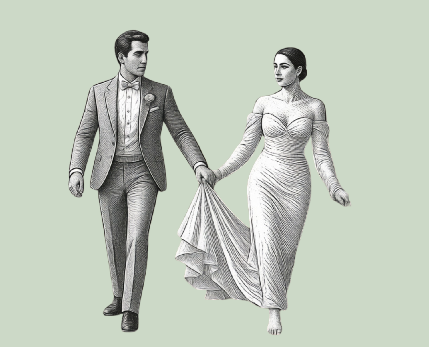 Elegant couple in wedding attire, groom in gray suit and bride in white gown, walking hand in hand illustration.